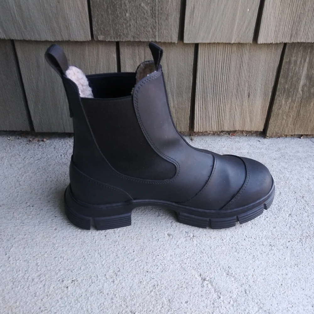 Ganni Black Lug Sole Chunky Heel Rubber Rain Ankle Boots Shoes Size 38 - Picture 6 of 10